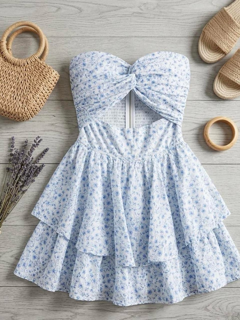 Altar'd State Blue Floral Strapless Tiered Sundress with Shorts